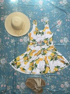 ESPRLIA Lemon Print Faux Dress Swimsuit Cutout One Piece 1XL